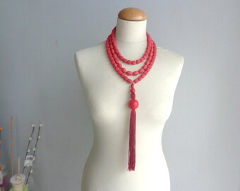 red necklace, tassel necklace, Statement necklace, longer style multistrand