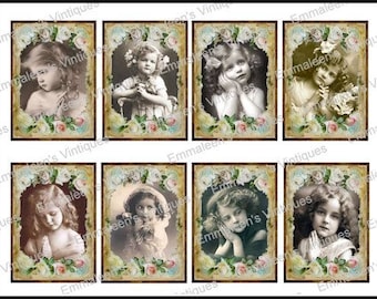8 Vintage Grunge Roses Victorian Praying Little Girls Collage Sheet ATC ACEO / Children Digital Collage Sheet Tags Images—Printable Ephemera
