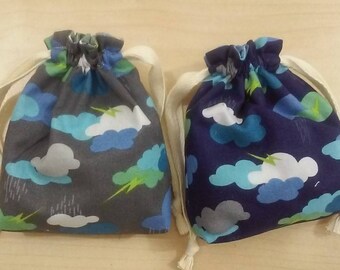 design your own rain and cloud party favor bag, reversible drawstring pouches, cosmetic, toiletry storage bag, gift bag, makeup bag