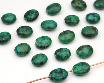 Flat oval African turquoise beads, blue green semiprecious stone 10mm, 20 pcs