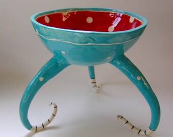 whimsical pottery Serving Dish, red & turquoise ceramic colorful Bowl with polka-dots and curly striped beetlejuice legs