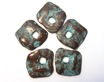 New Price! 4 Greek Casting Green Patina Square Cornflake Dangle Beads