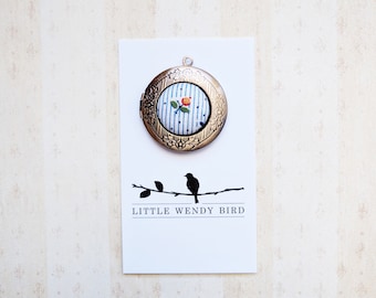 Floral Fabric Covered Button Locket Necklace