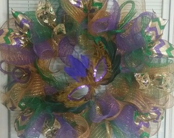 Mardi Gras Wreath, Deco Mesh Wreath, Mesh Wreath, Ribbon Wreath, Celebration Wreath, Handmade Wreath