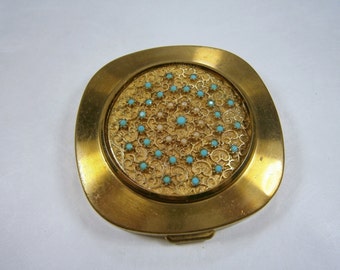 Gold Filigree Compact with Green Opaque Glass Beads, Vintage Powder Compact, Beaded Compact