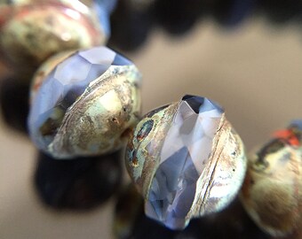 Sapphire Blue Glass Saturn Beads, Blue Picasso Czech Glass Flying Saucer Beads, UFO Beads with Picasso, 8x10mm - 10 beads (SAT-06)
