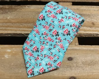 Blue Necktie with Red Flowers, Floral Necktie, Baby Blue Necktie