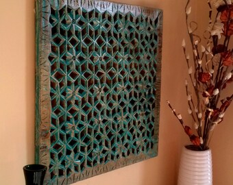Rustic Carved Wall Panel Solid Wood Panel Hand Carved Wooden Wall Panel Carved Wood Wall Decor - Beach Turquoise
