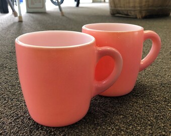 2 Vintage Hazel Atlas Pink / Milk Glass Mug Coffee Cups