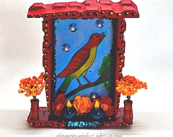 Mexican Nicho, Loteria Card, Day of the Dead, Mexican Folk Art, Wood Nicho, Bird Picture, Mexican Kitsch, Loteria Decoration, Mexican Decor