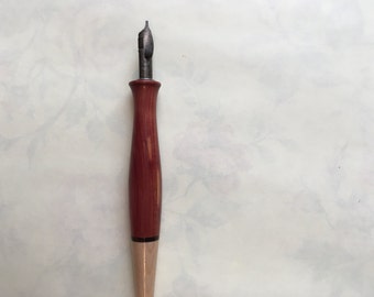 Straight dip pen holder for calligraphy, hand turned, made of elm, Juniper and ebony with a nice rounded finial