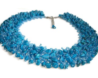 Blue necklace Statement beaded necklace Chunky turquoise necklace vintage jewelry turquoise throat chakra necklace protection jewelry women