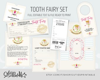 Tooth Fairy Set - Tooth Fairy Letter Receipt Certificate Envelope Report Chart - Tooth Fairy Printable - Instant Download Editable Text
