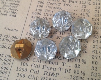 Vintage Clear Glass Foiled Buttons - Faceted, Reflected, Mirrored - Crystal, Sparkle - 10mm Octagons - Qty 6