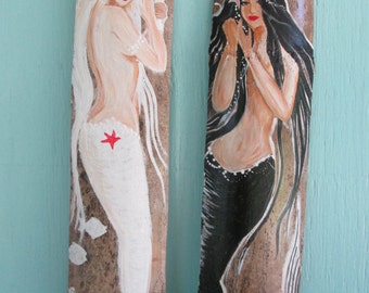 Pair of Fantasy Mermaids -Hand Painted Mermaids-- White & Black- Mermaid Art- Coastal Decor bathroom decor