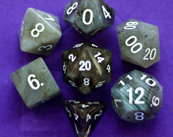 Labradorite Gemstone Polyhedral Dice Set: Hand Carved with Quality! Full-Sized 16mm. Great for DnD RPG Dungeons and Dragons