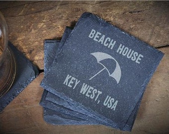 Custom Coaster, Beach House Gift, Custom Beach Coaster, Beach Decor Gift, Custom Coaster, Slate Coasters, Housewarming-Set of 4 LES1100049