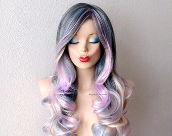 Pastel dark gray / baby blue /lavender /cream blonde Ombre wig. Long curly hair long side bangs one of kind hand craft wig.