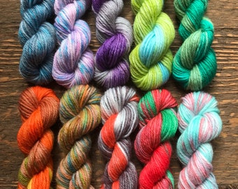 Hand Dyed Sock Yarn Mini Skein Set #135 -- 10 Mini Skeins/25 Yards Each