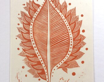 linocut - BURNING LEAF // 9x12 art print // printmaking // block print // leaf print // autumn // red orange wall art // fire art // 8x10