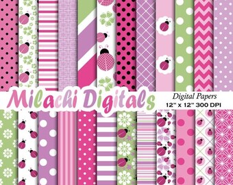 60% OFF SALE Pink Ladybug digital paper, 1st Birthday scrapbook papers, baby shower wallpaper, lady bug background - M385