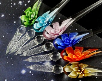 1PC Handmade Lampwork Glass Pen with 3D Flower inside of Penholder Crystal Calligraphy Dipping Signature Pen Gifts for Her