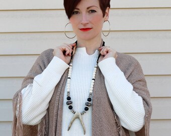 Deer Antler Necklace - Real Deer Antler with Wood and African Bone Beaded and Leather Necklace - Long Antler Necklace-Kay and Star