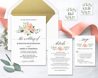 Peach Blush Floral Wedding Invitation, Printable Wedding Invitation Template, Romantic Wedding Invitation, Editable Text, Peach Blush