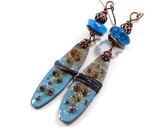 Blue Industrial Enameled Copper Earrings, Blue and Red, Boho Earrings, Dotted Earrings, Industrial Earrings, Long Earrings, E055