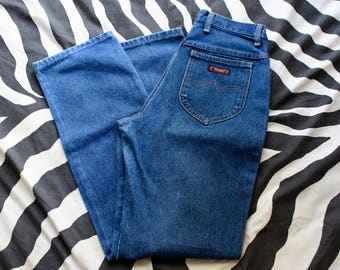 70s High Waisted Wranglers/ Straight Leg Wrangler Jeans/ Wrangler Blue Jeans/ Mom Jeans/ Medium Wash Wranglers/ 27" Waist/ 41" Long/ Small