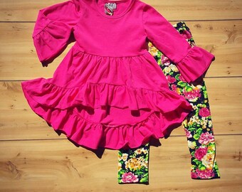 Pink Ruffle Shirt with Floral Leggings
