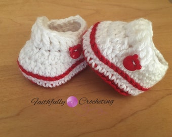 Newborn loafers... Red and white.. Bear buttons.. Baby shoes.. Ready to ship