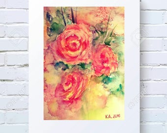 Printable artwork, Print wall art, Decor living room, Wall art printable, Watercolor roses print, Watercolor printable, Digital download art