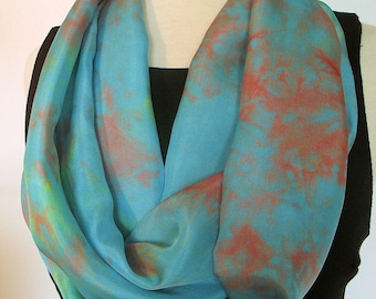 Hand Dyed Silk Infinity Scarf - 11 x 76", Turquoise with Terracotta and Yellow, Long Infinity Loop