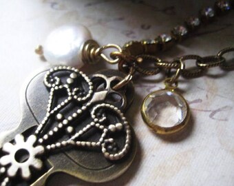 Vintage Key Necklace, Bronze Chain, Vintage Filigree, Rhinestone Chain, Coin Pearl, Vintage Crystal, Long Chain, candies64