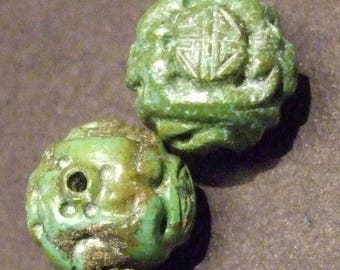 Pair Vintage carved turquoise bead. 13mm (Turq 7)