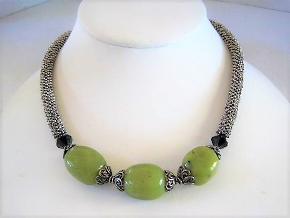 Green Agate Bead Necklace, Silver Tone Choker, Genuine Stone Beads