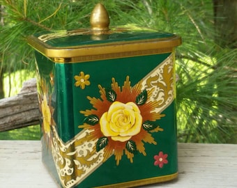 Green Yellow Rose Floral Tin Art Deco Style with Gold Knob