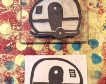 Hand carved bubble camper rubber stamp