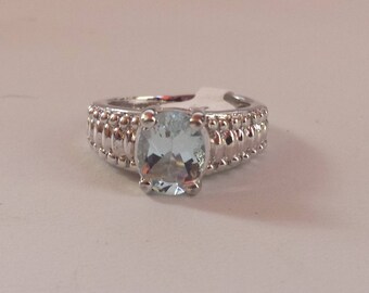 Aquamarine Sterling Silver Ring, Rhodium Plated, Natural Gemstone, March Birthstone