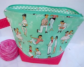 Large Zipper Project Bag, Nostalgic 50's Sock Hop Diner theme, Large Size, Shawl to Sweater Wedge, Tote Bag
