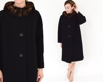 60s Black Wool Coat | Wool Coat & Mink Collar | Large