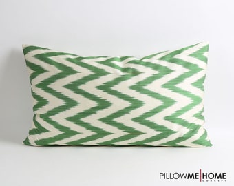 Green ikat pillow cover, Double side, zigzag chevron pillow, 16x26 silk pillows, decorative lumbar pillow, ikat bedding