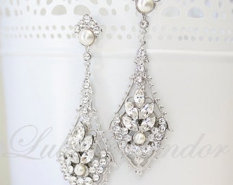 Chandelier Wedding Earrings Vintage Art Deco Bridal Earrings Pearl Crystal Bridal Wedding Jewelry URSULA