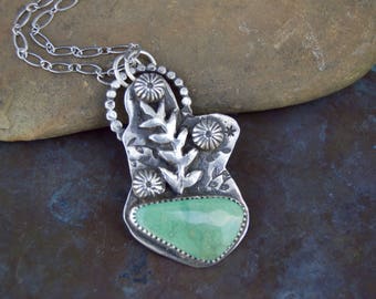 Kingman Turquoise Sterling Silver Necklace . Flowers .Fern. Hand Forged . Sterling Necklace.Rustic. Necklace