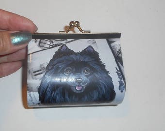 Black Pomeranian Dog Hand Painted Coin Purse Vegan