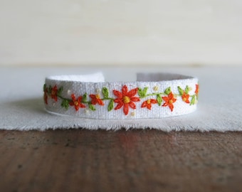 Orange Daisy Bracelet - Hand Embroidered Floral Cuff Bracelet - Gift Under 40