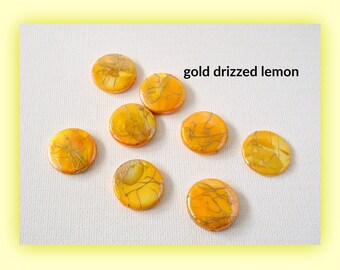 8 gold drizzled LEMON shell Beads // Round coin Mother of Pearl // dyed Deep YELLOW with Gold // High Lustre MOP // 20mm