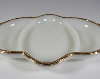 Vintage FIRE KING Milk Glass Gold Rim Anchor Hocking Divided Dish