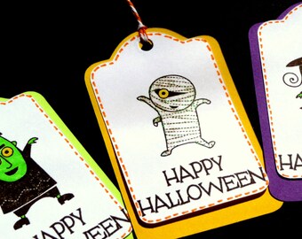 Happy Halloween Tags - Witch Mummy Frankenstein - Set of 6 - Candy Bag Tags - Gift Tags - School Snack Tags